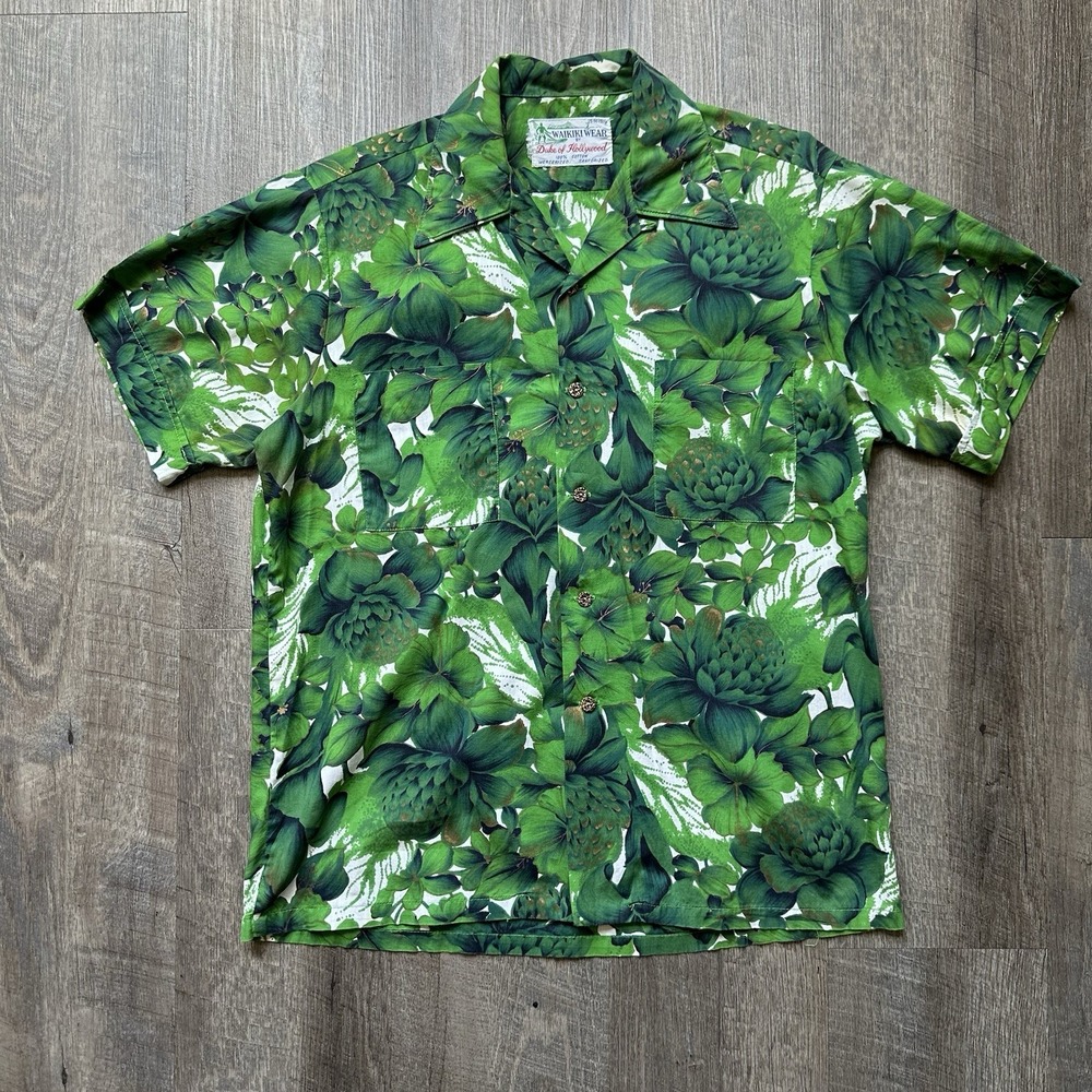 NEW WAIKIKI WEAR Vintage 50s Green Leaf FLORAL ALOHA  HAWAIIAN SHIRT M
